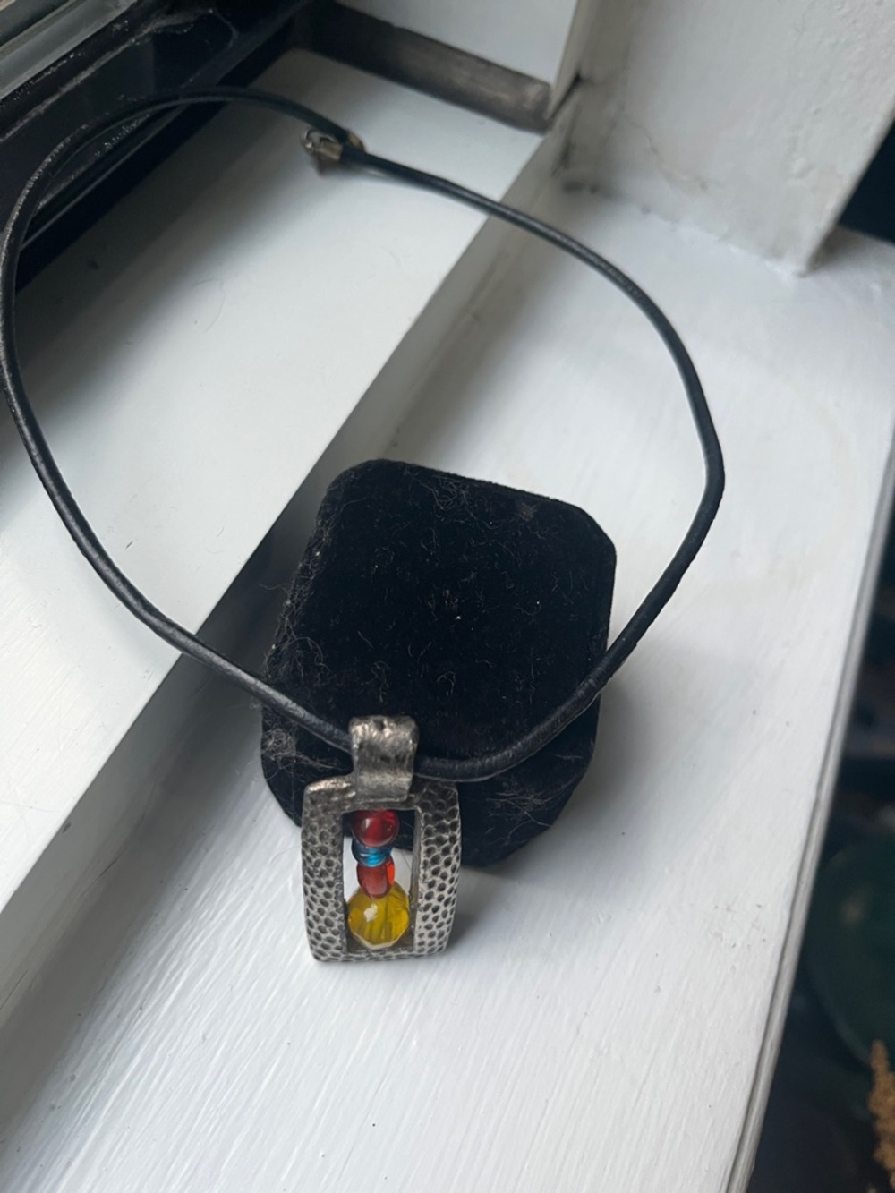 Beaded Glass Pendant Necklace in Red, Blue, Yellow